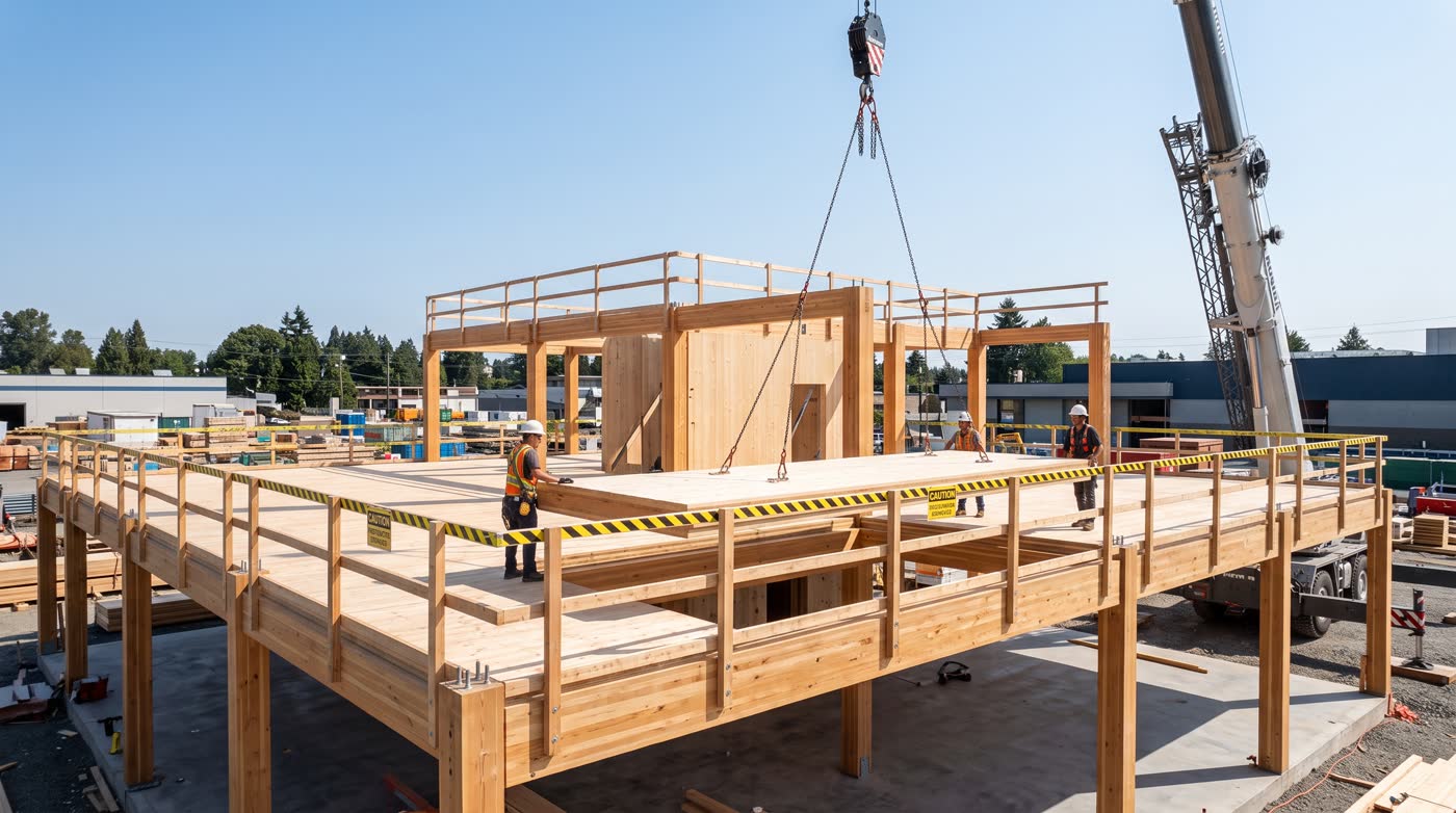 Glulam frame with a CLT floor panel being craned into place