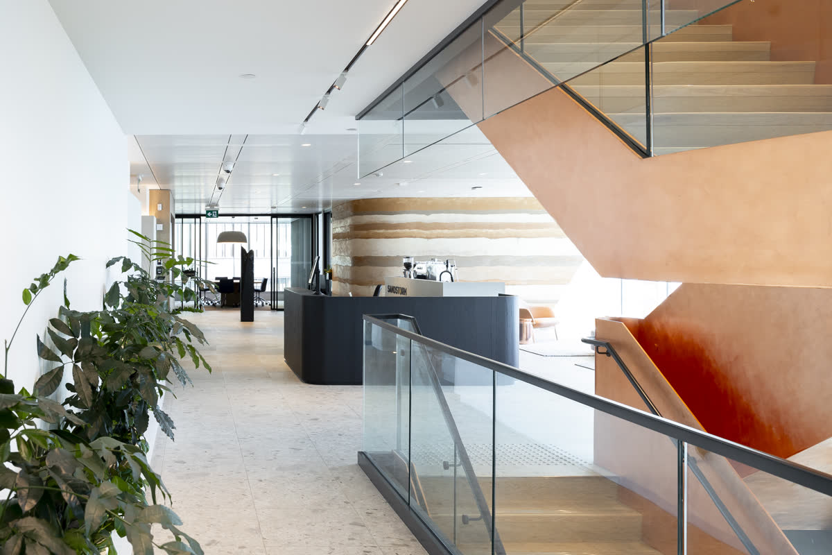 Completed office interior, reception and feature stair