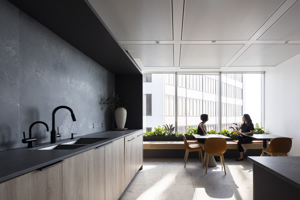 Completed office interior, kitchen and seating